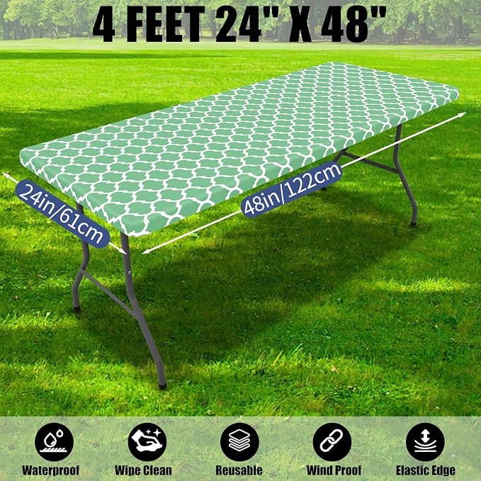 Smiry 2 Pack Rectangle Table Cloth 4 Foot, Waterproof Elastic Fitted Tablecloths, Windproof Washable Polyester Table Cover for Picnic, Camping, Outdoor (Sage Green, 24"x48")