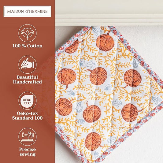 Maison d' Hermine Pot Holders Set 100% Cotton Heat Resistant Potholders 8" x 8" Hot Pads with Loop for Thanksgiving Christmas Decorations BBQ Baking Handling Hot Pans (Pack of 2, Harvest Festival)