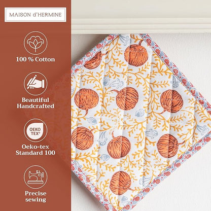 Maison d' Hermine Pot Holders 100% Cotton Heat Resistant Potholders 8" x 8" Hot Pads with Loop for Thanksgiving Christmas Decorations BBQ Cooking Baking Handling Hot Pans (Pack of 1, Harvest Festival)