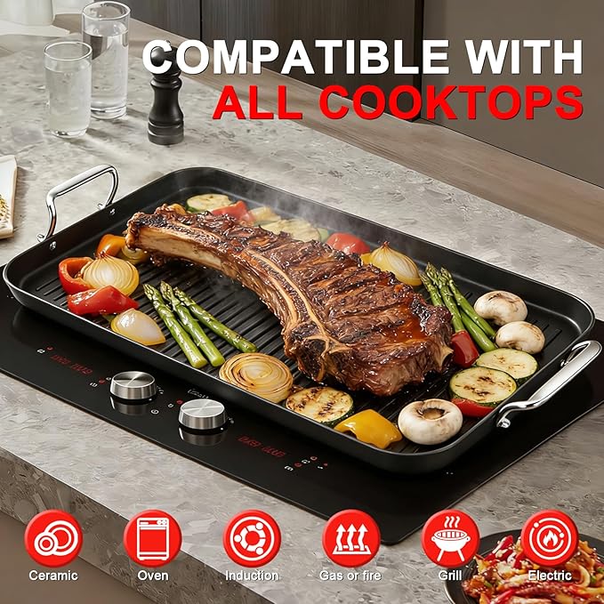 21" x 13" Cast Iron Griddle Pan, Pre-Seasoned Double Burner Griddle Pan with Stainless Steel Handle, Ribbed Surface, Oven Safe for Gas Ceramic Electric Stove, BBQ Camping Indoor Outdoor