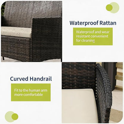 4-Piece Outdoor Furniture Set, PE Rattan Wicker Chairs with Soft Cushions & Tempered Glass Coffee Table - All-Weather Patio Set for Garden, Backyard, Porch, Poolside (Black/Beige)