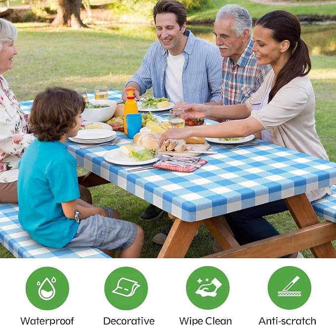 Picnic Table Cover with Bench Covers, Waterproof Tablecloth Set, Blue Grid | Fitted 6ft Tables, for Outdoor Camping, RV, Includes 1 Table Cover(30"x72"), 2 Bench Covers(72"x12"), Drawstring Storage Bag