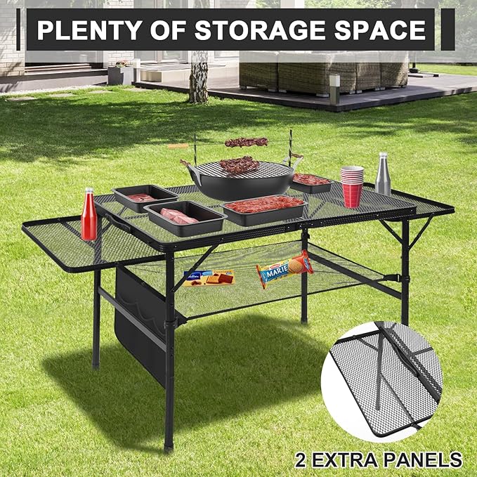 Folding Matel Grill 4.4 FT Camping Table with 2 Wing Panels | Height Adjustable Metal Outdoor Table with Mesh Desktop and Mesh Bag, Picnic, Beach and BBQ, Party