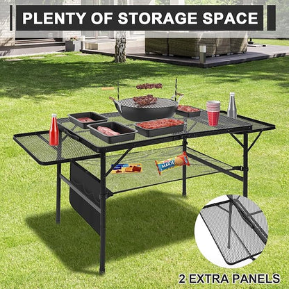 Folding Matel Grill 4.4 FT Camping Table with 2 Wing Panels | Height Adjustable Metal Outdoor Table with Mesh Desktop and Mesh Bag, Picnic, Beach and BBQ, Party