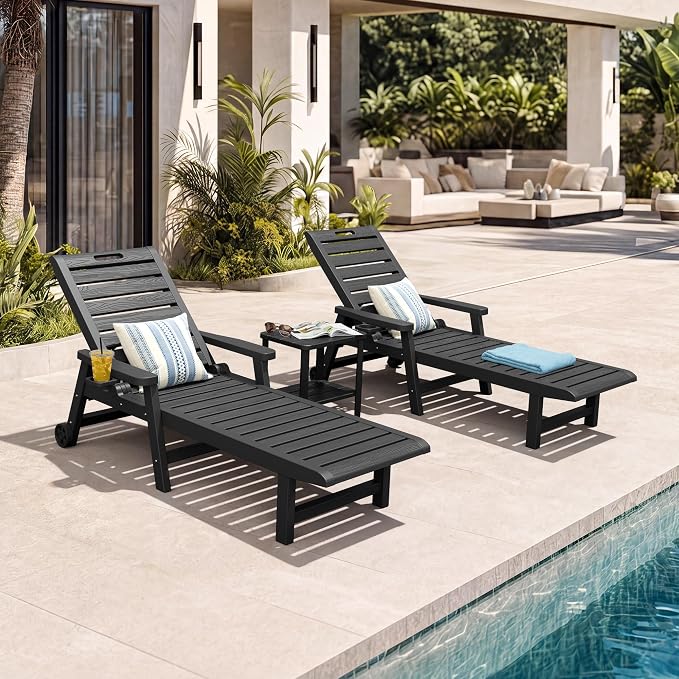 Outdoor Chaise Lounge Chair Set of 4, HDPE All-Weather Pool Lounge Chair with 5 Positions, Wheels & Cup Hoplder for Pool, Beach, Garden (Black)