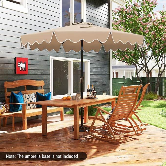 Tangkula 9Ft Patio Umbrella with Crank, 2-Tier Outdoor Umbrella with Push Button Tilt, Sun-Protective Canopy, 8 Ribs, Scalloped Patio Umbrella for Outdoor Beach Deck Pool Table (Coffee)