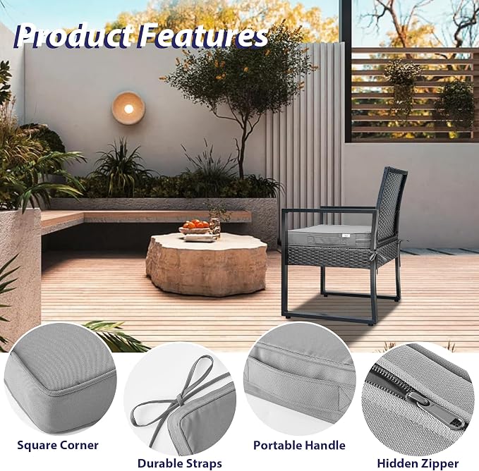 IPYNBAP Outdoor Chair Cushions Set of 4 -Waterproof Outdoor Seat Cushions for Patio Furniture, Patio Chair Cushion with Handle and Ties, Out Door Chair Pads,18.5x16x3-Square, Grey
