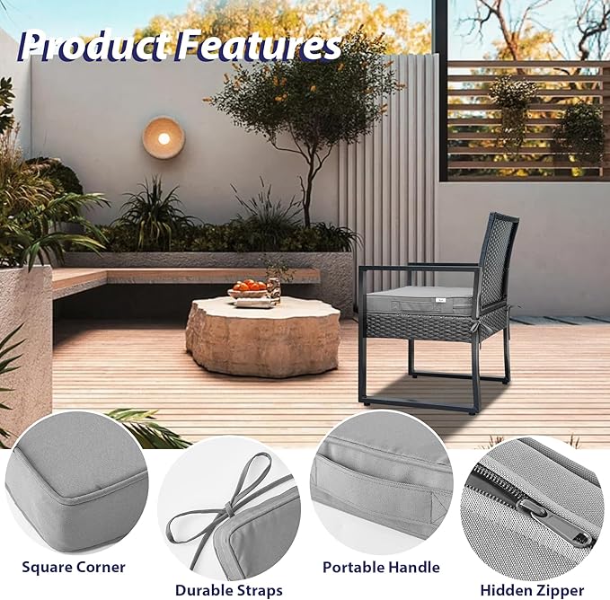 IPYNBAP Outdoor Chair Cushions Set of 4 -Waterproof Outdoor Seat Cushions for Patio Furniture, Patio Chair Cushion with Handle and Ties, Square Out Door Chair Pads,17" x 16" x 2", Grey