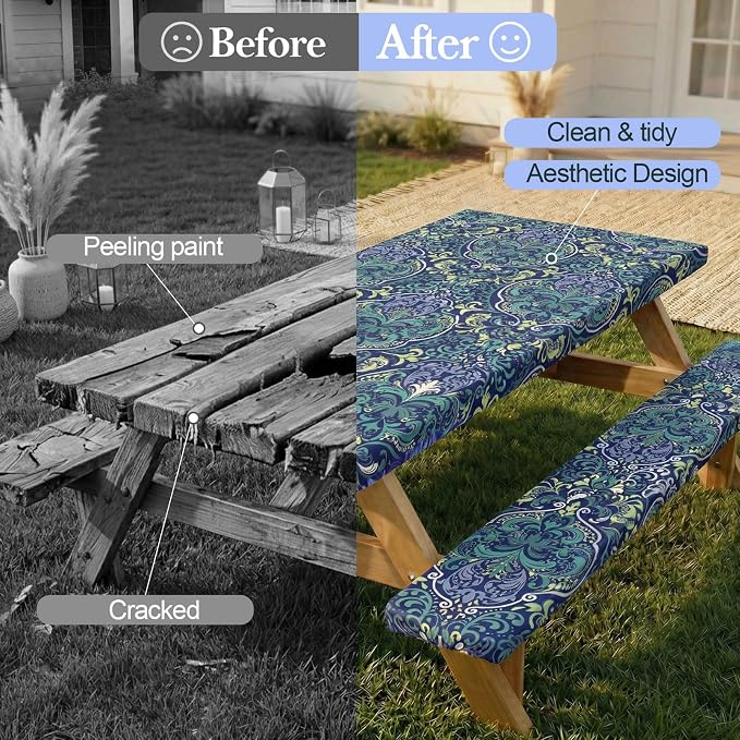 Picnic Table Cover with Bench Covers Camping Essentials Waterproof Windproof Camping Tablecloth with Drawstring Bag, Fitted Rectangle Tables and Seats, 72in, Deep Blue Green
