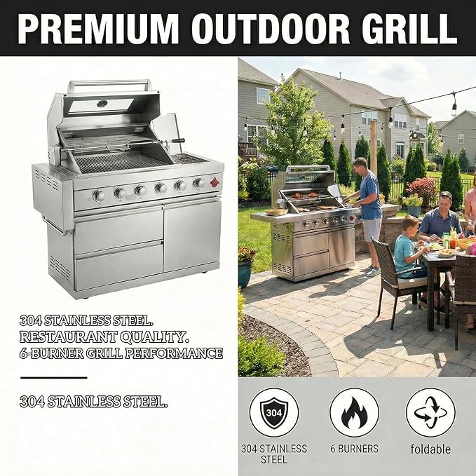 46" Outdoor Kitchen Island with Side Burner, 4-Burner 75,300 BTU Propane Gas BBQ Island with Rotisserie, Side Prep Shelf, Storage Drawers, LP/NG Convertible, for Backyard and Patio Cooking, Silver