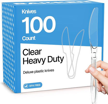 Bakken Disposable Cutlery Set 100 Pieces Knives, Heavy Duty Plastic Silverware, BPA-Free Food-Grade Materials, Heat-Resistant, Reusable Utensils for Parties, Catering, BBQs, and Everyday Use, Clear