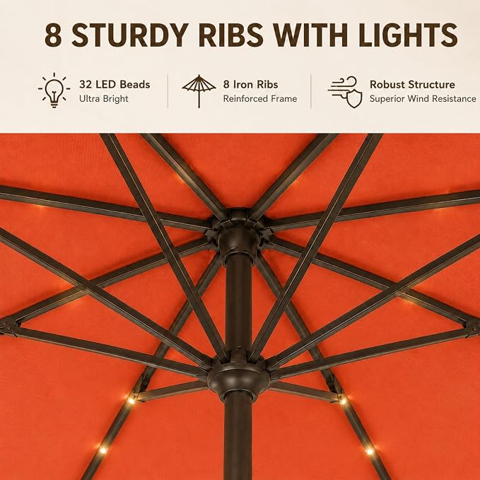 11FT Solar Lighted Patio Umbrella, Outdoor Table Market Umbrellas with Crank Lift, 32 LED Lights, 8 Sturdy Ribs, UV-Resistant for Deck, Garden, Pool