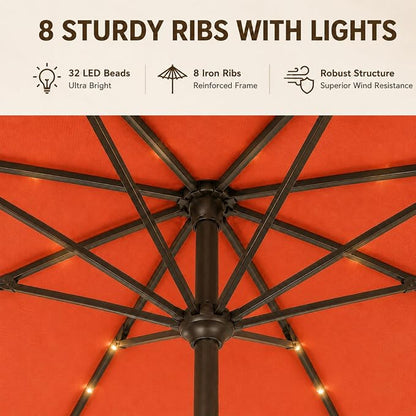 11FT Solar Lighted Patio Umbrella, Outdoor Table Market Umbrellas with Crank Lift, 32 LED Lights, 8 Sturdy Ribs, UV-Resistant for Deck, Garden, Pool