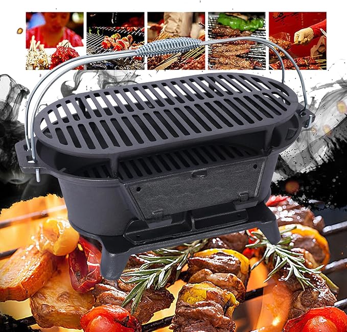 Cast Iron HibachiGrill Outdoor, Portable Cast Iron Charcoal Grill with Adjustable Air Vents - Compact for Outdoor Camping, Backyard BBQ, Picnics & Tailgating (Oval)