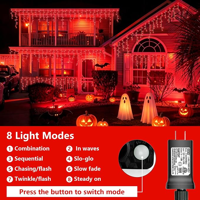 YEGUO 33ft 400 LED Icicle Lights Outdoor Waterproof, 80 Drops Halloween Lights Connectable, 8 Modes Icicle Christmas Light with Memory(Red)