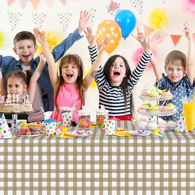 6Pcs Brown Gingham Tablecloths, Checkered Party Table Covers 54x108 In | Brown and White Checkered Tablecloths Disposable Plastic Waterproof for Fall Picnic Halloween Barbecue Birthday Outdoor Party