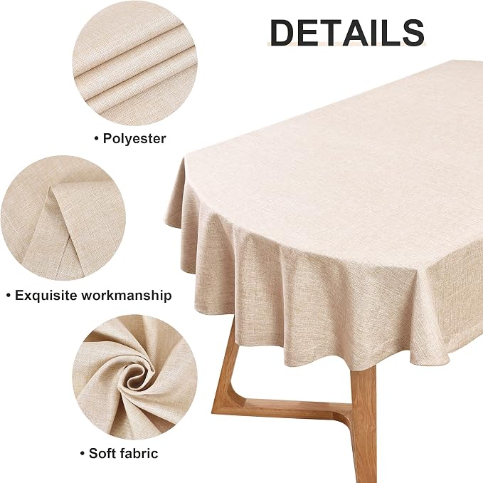 Wolkemer Faux Linen Oval Tablecloth Heavy Duty Wrinkle Resistant Fabric Table Cloths 60 x 84 Inch Beige Farmhouse Rustic Table Cover for Kitchen Dining Indoor Outdoor Tabletop Decoration