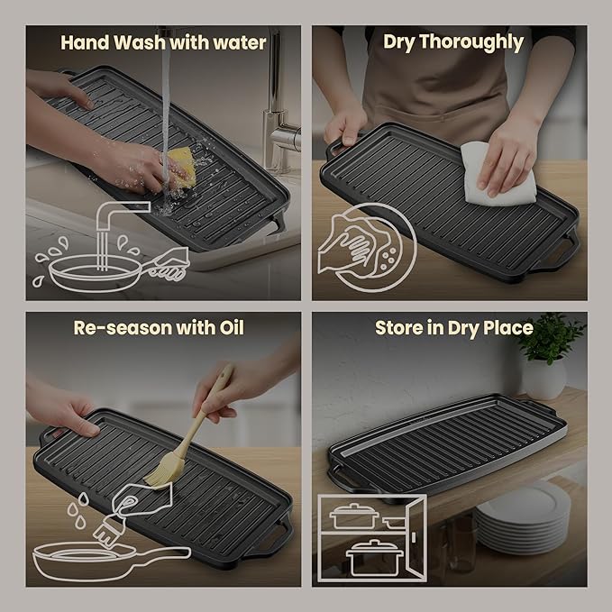 Bakken 19” Reversible Cast Iron Griddle, Flat & Grill Side, Dual Burner Cooking Plate for Pancakes, Meats & Veggies, Pre-Seasoned, Nonstick, Oven & Campfire Safe, Heavy-Duty Griddle Top with Mitt