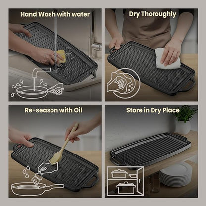 Bakken 19” Reversible Cast Iron Griddle, Flat & Grill Side, Dual Burner Cooking Plate for Pancakes, Meats & Veggies, Pre-Seasoned, Nonstick, Oven & Campfire Safe, Heavy-Duty Griddle Top with Mitt