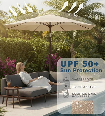 9FT Auto-Tilt Patio Umbrella|Outdoor Market Table Umbrella with 8 Fiberglass Ribs for Pool,Deck&Backyard