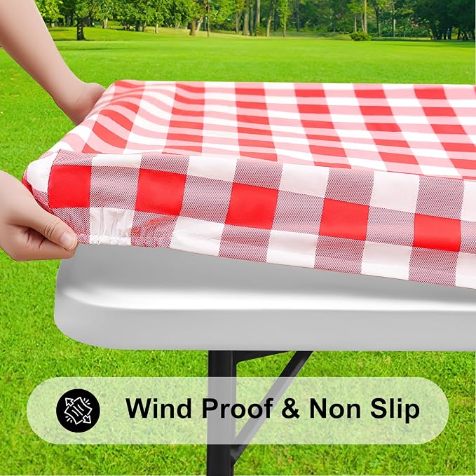 Smiry Rectangle Picnic Table Cloth, Elastic Waterproof Fitted Vinyl Tablecloths, Flannel Backed Buffalo Plaid Table Covers for Dining, Camping, Outdoor (White and Red, 24" x 48")