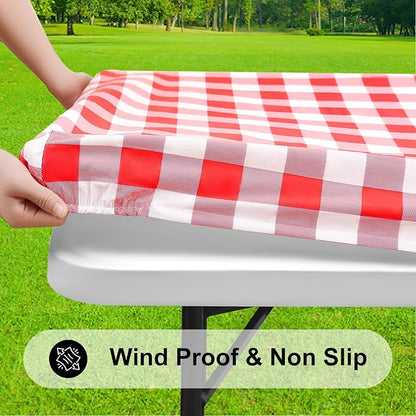 Smiry Rectangle Picnic Table Cloth, Elastic Waterproof Fitted Vinyl Tablecloths, Flannel Backed Buffalo Plaid Table Covers for Dining, Camping, Outdoor (White and Red, 24" x 48")