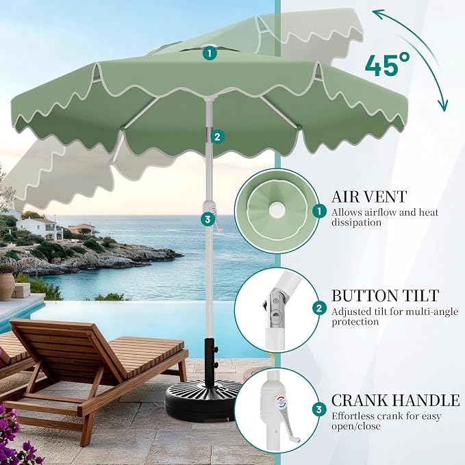 AreShark 7.5FT Outdoor Patio Umbrella with Wavy Trim (Sage Green) | Market Table Umbrellas w/ 6 Sturdy Ribs, Crank & Tilt, White Pole, Pool Umbrella with UV-Fade Resistant Fabric, Heavy Frame