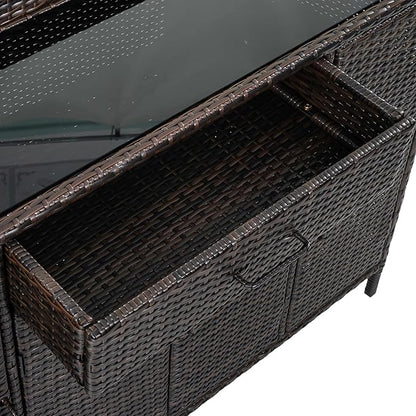 53.2"W Outdoor Weather-proof Rattan Storage Cabinet with Tempered Glass Desktop,Outdoor Wicker Bar Table with One Large Drawer & Adjustable Shelves for Patio, Backyard,Garden,Pool (Black+Brown#81)