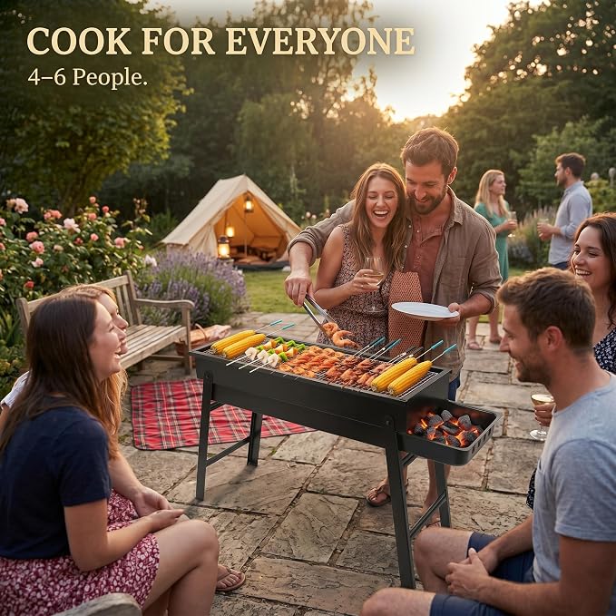 Portable Charcoal Grill, Portable Tabletop BBQ for Outdoor Cooking | Compact Folding Grill for Camping, Hiking, Picnics & Travel | 24”x13”x9” Lightweight Smoky Flavor Grill