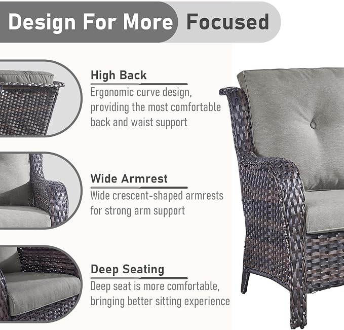 Outdoor Loveseat Sofa - 3 Piece Patio Furniture with Ottoman Deep Seating Patio Couch for Porch Deck Garden Backyard - Brown/Grey