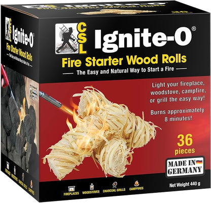 Ignite-O Fire Starter Natural Wood Rolls - 36 Pieces - Made in Germany - Sustainably Grown Wood - Non-Toxic Firestarter for Fireplaces, Woodstoves, Campfires & Grills - Quick & Easy