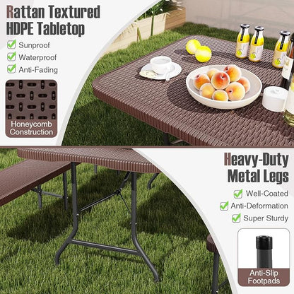 Goplus 6ft Plastic Folding Table, 350 LBS Outdoor Heavy Duty Folding Tables with Rattan-Like HDPE Tabletop, Handle, Lock, Foldable Rectangle Portable Utility Card Table for Picnic, Camping, Dining
