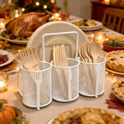 Silverware Organizer Utensil Caddy - 4 Compartment Metal Cutlery Holder Flatware Storage Basket Fork Spoon Napkin Paper Plate Kitchen Countertop Party Picnic Camping Buffet Outdoor (White)