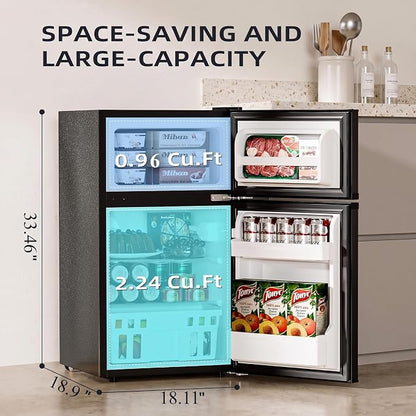 Antarctic Star 3.2 Cu.Ft 2-Door Mini Refrigerator with Freezer, Adjustable Thermostat & Removable Shelves for Bedroom, Office, Dorm and Apartment (Black)