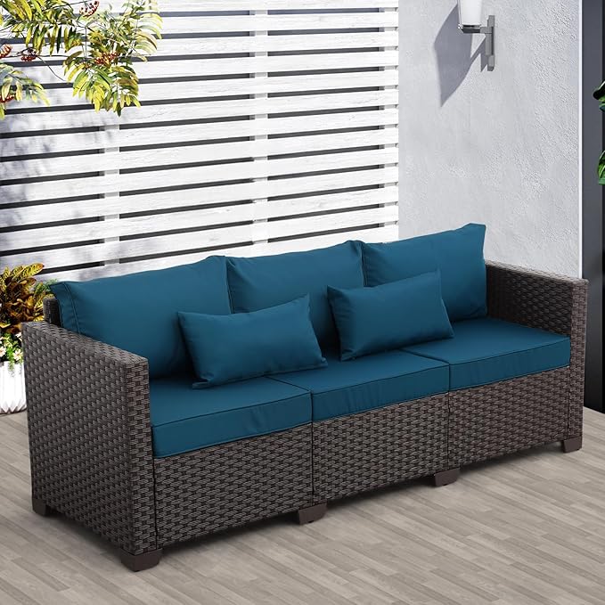 Rattan Star Outdoor Couch 3 Seater Sofa Outdoor Furniture Deep Seat High Backrest Patio Couch with Non-Slip Cushions and Waterproof Cover, Peacock Blue