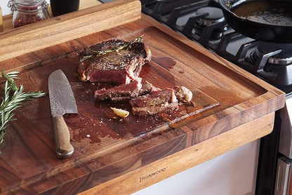 Ironwood Gourmet Double-Sided Countertop Lyon Pastry/Cutting Board With Gravy Groove, Acacia Wood 17.25 x 24 x 1.25 inches | Extra Large Wood Cutting Board With Juice Groove | Countertop Lip Keeps The Board In Place | Easily Knead Dough & Carve Meat