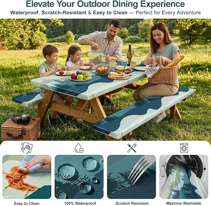 Picnic Table Cover with Bench Covers Windproof Waterproof Picnic Table Covers Camping Tablecloth with Self-Storage Bag, 96in, Green Blue