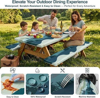 Picnic Table Cover with Bench Covers Windproof Waterproof Picnic Table Covers Camping Tablecloth with Self-Storage Bag, 96in, Green Blue