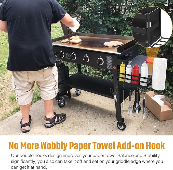 Improved Stainless Steel Griddle Caddy with Wobble-Free Paper Towel Holder for 28"/36" Blackstone Griddles, Space Saving BBQ Accessories Storage Box, Free from Drill Hole&Easy to Install