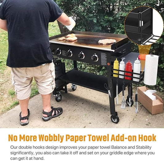 Improved Stainless Steel Griddle Caddy with Wobble-Free Paper Towel Holder for 28"/36" Blackstone Griddles, Space Saving BBQ Accessories Storage Box, Free from Drill Hole&Easy to Install