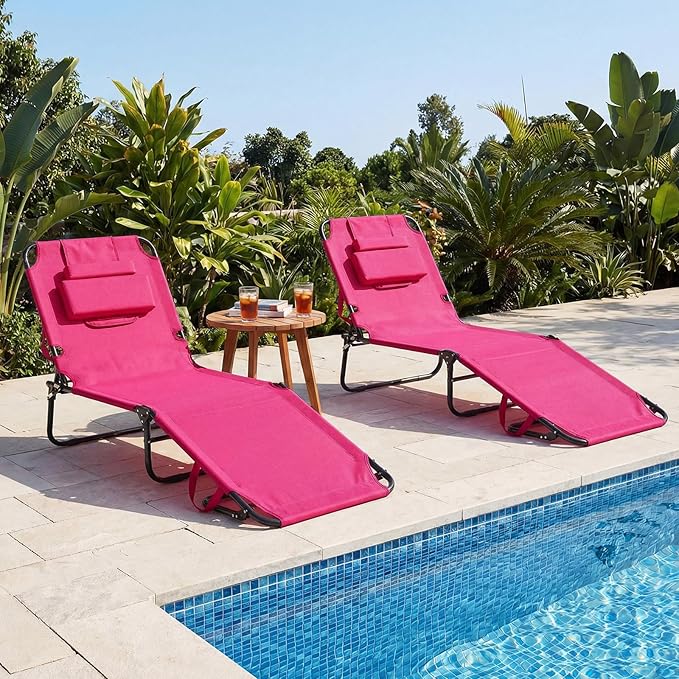 GYMAX Tanning Chair, Folding Lounge Chairs with Face Hole & Cover, Removable Pillow Carry Handle, Portable Compact Outdoor Layout Recliner for Beach, Poolside, Lawn, Patio, Camping (Pink,2)