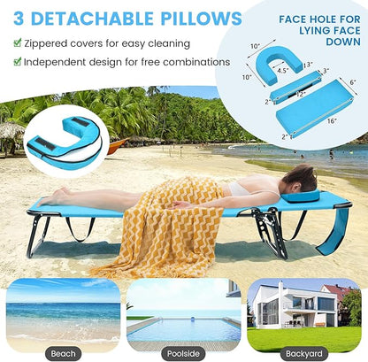 GYMAX Tanning Chair, 330lbs Beach Lounge Chair with Face Hole, Washable Pillow & Carry Strap, Adjustable Folding Chaise Lounge, Layout Lounger for Outside, Patio, Poolside, Lawn (2, Arctic)
