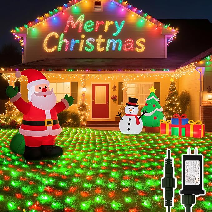 LitHome 14.8FT x 5FT Christmas Net Lights Outdoor Waterproof Connectable | 8 Modes 300 LED Red Green Bush Lights, Net Mesh Light Dark Green Wire for Bushes Shrubs Outdoor Christmas Holiday Decor