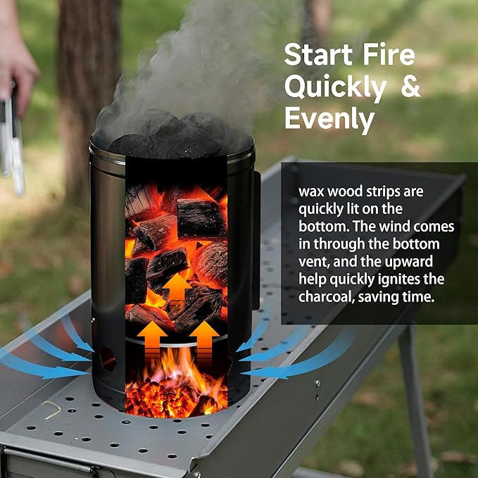 WILLBBQ Charcoal Chimney Starter Great for Fireplace, BBQ, Fire Pits, Barbecues, Chimineas, Campfires, Pizza Ovens - Zinc Steel BBQ Kit, 20 Starters, Heat Resistant Gloves Blower (Bright Black)