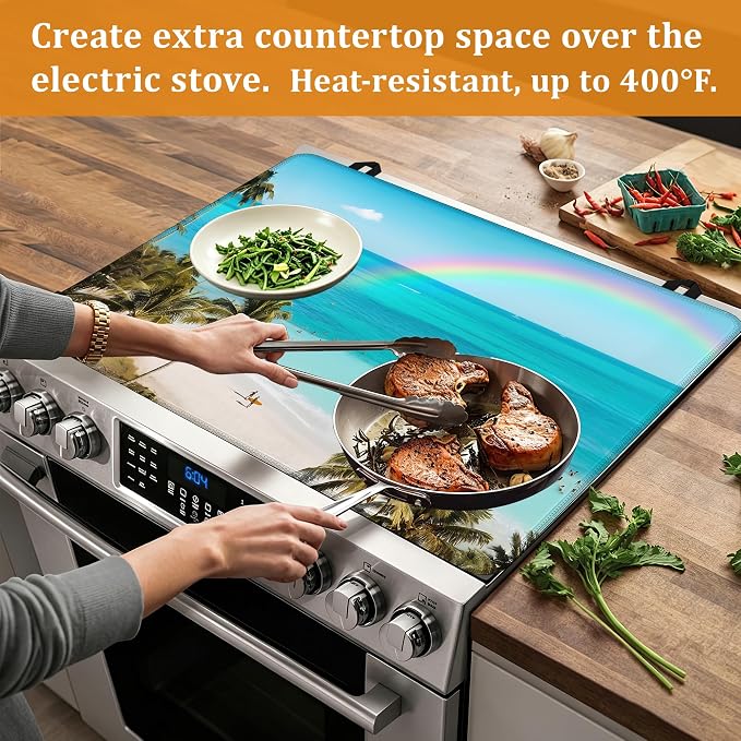 Tropical Palm Tree Stove Top Covers for Electric Stove,Summer Beach Glass Top Stove Cover, Heat Resistant Range Covers for Electric Stove,Washable Countertop Mat, 28 x 20 Inch