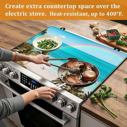 Tropical Palm Tree Stove Top Covers for Electric Stove,Summer Beach Glass Top Stove Cover, Heat Resistant Range Covers for Electric Stove,Washable Countertop Mat, 28 x 20 Inch