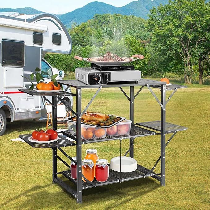 VEVOR Camping Kitchen Table, Aluminum Folding Portable Outdoor Cook Station with 4 Iron Side, 2 Shelves & Carrying Bag, Quick Installation for Picnic BBQ Beach Traveling