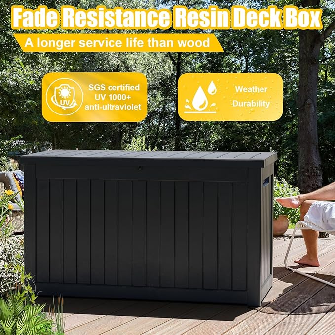 ROJIK 280 Gallon Waterproof Outdoor Deck Storage Box, Lockable Resin Patio Storage Bin with Lid for Garden Tools, Patio Cushions & Outdoor Accessories(Black)