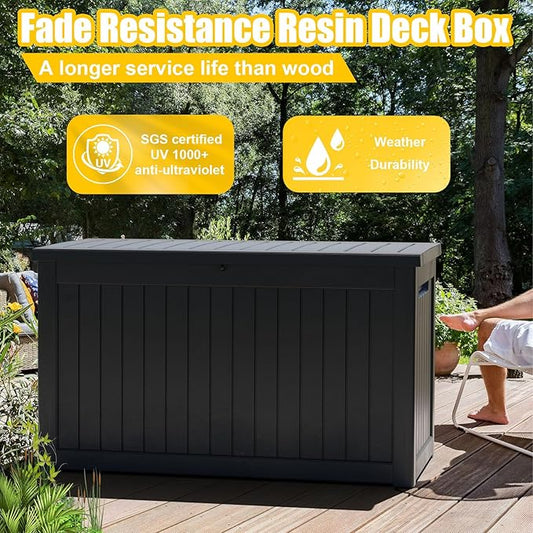 ROJIK 280 Gallon Waterproof Outdoor Deck Storage Box, Lockable Resin Patio Storage Bin with Lid for Garden Tools, Patio Cushions & Outdoor Accessories(Black)