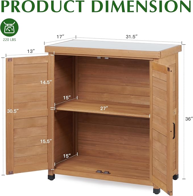 Outdoor Storage Cabinet & Potting Bench Table with Metal Top, Wooden Patio Furniture, Garden Workstation (Light Brwon, 36x31x17in)